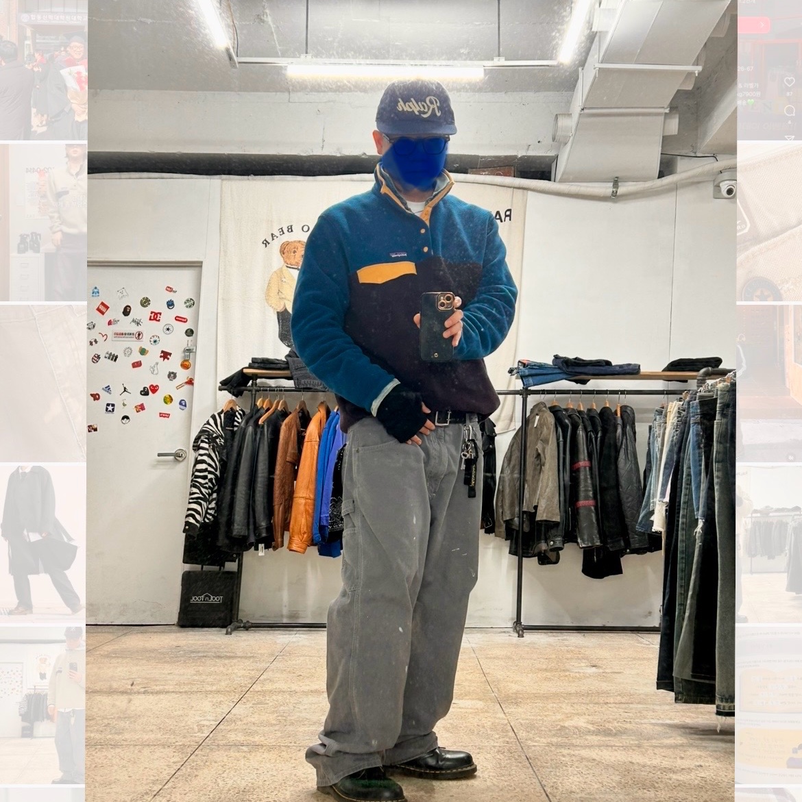 Patagonia Lightweight Synchilla Snap-T Fleece Pullover Obsidian Plum, Dr. Martens 1461 Smooth Black 착용 스타일