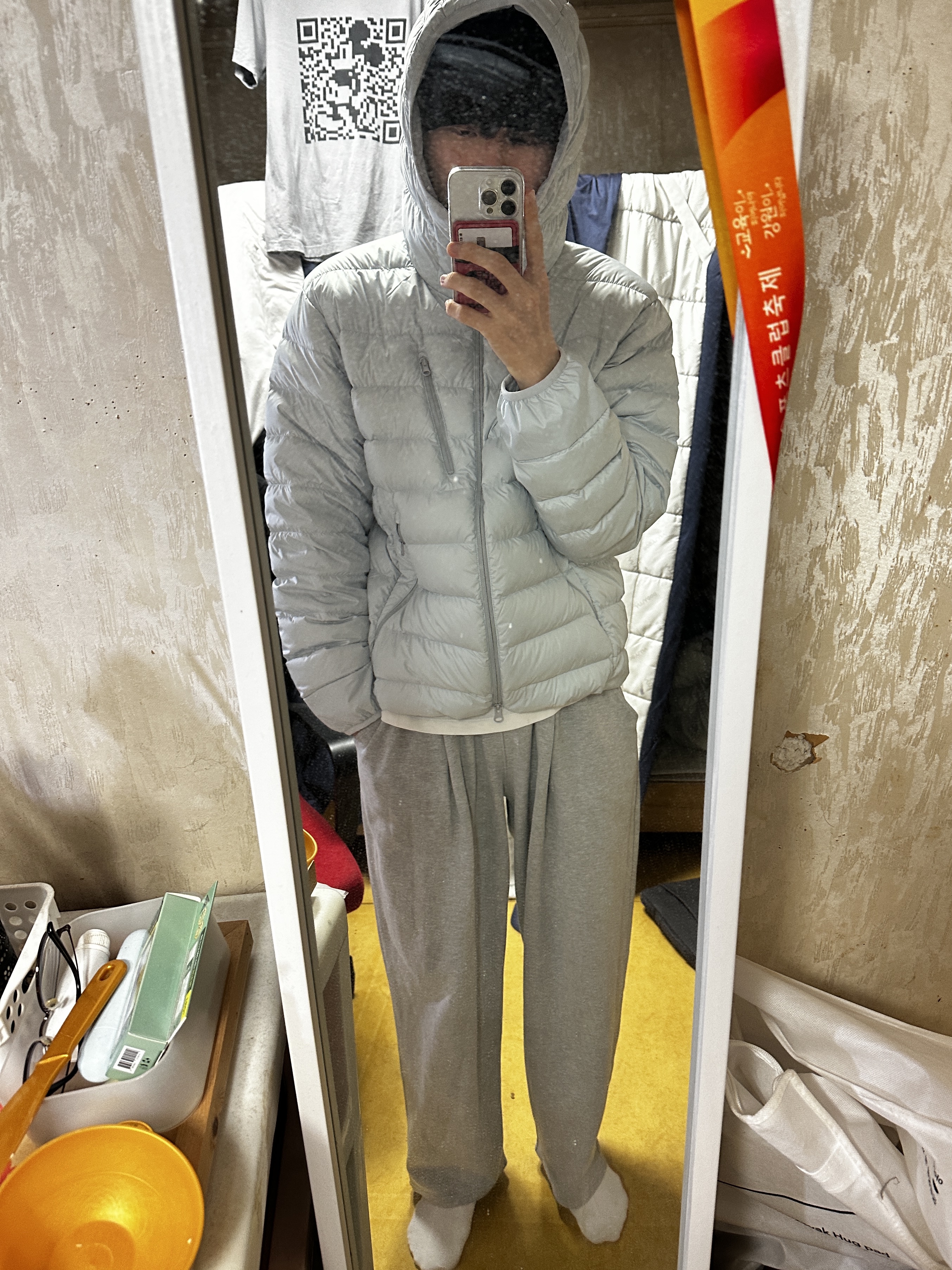 Musinsa Standard City Leisure Hooded Light Down Jacket Cloudy Blue 착용 스타일