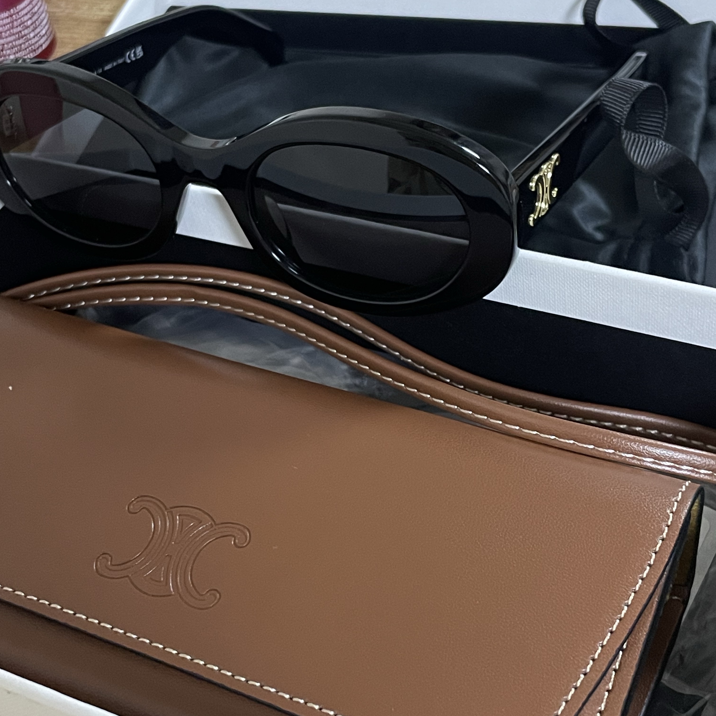 (W) Celine Triomphe 01 Sunglasses in Acetate Black 착용 스타일 - 1