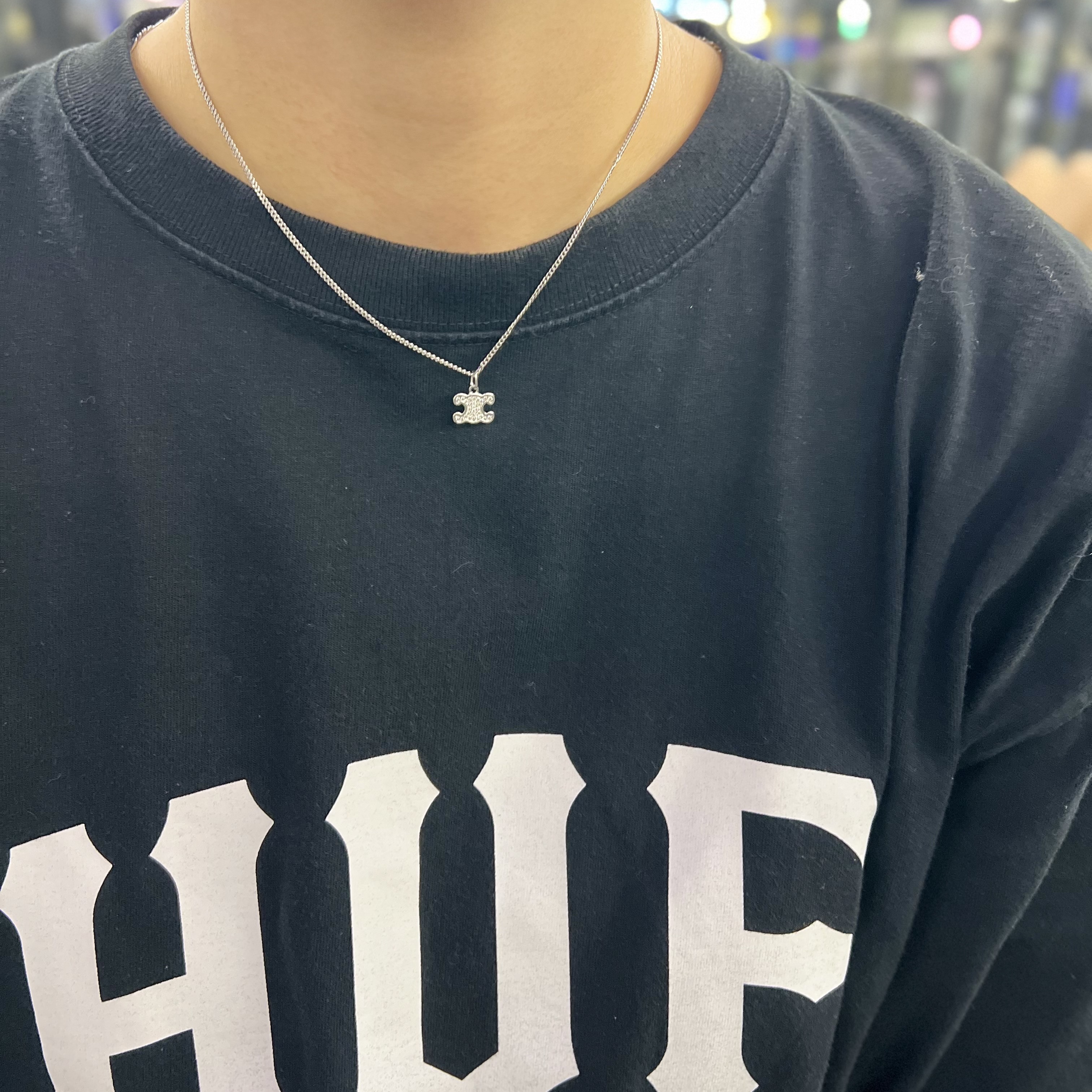 (W) Celine Triomphe Rhinestone Necklace in Brass with Rhodium Finish and Crystals Silver 착용 스타일