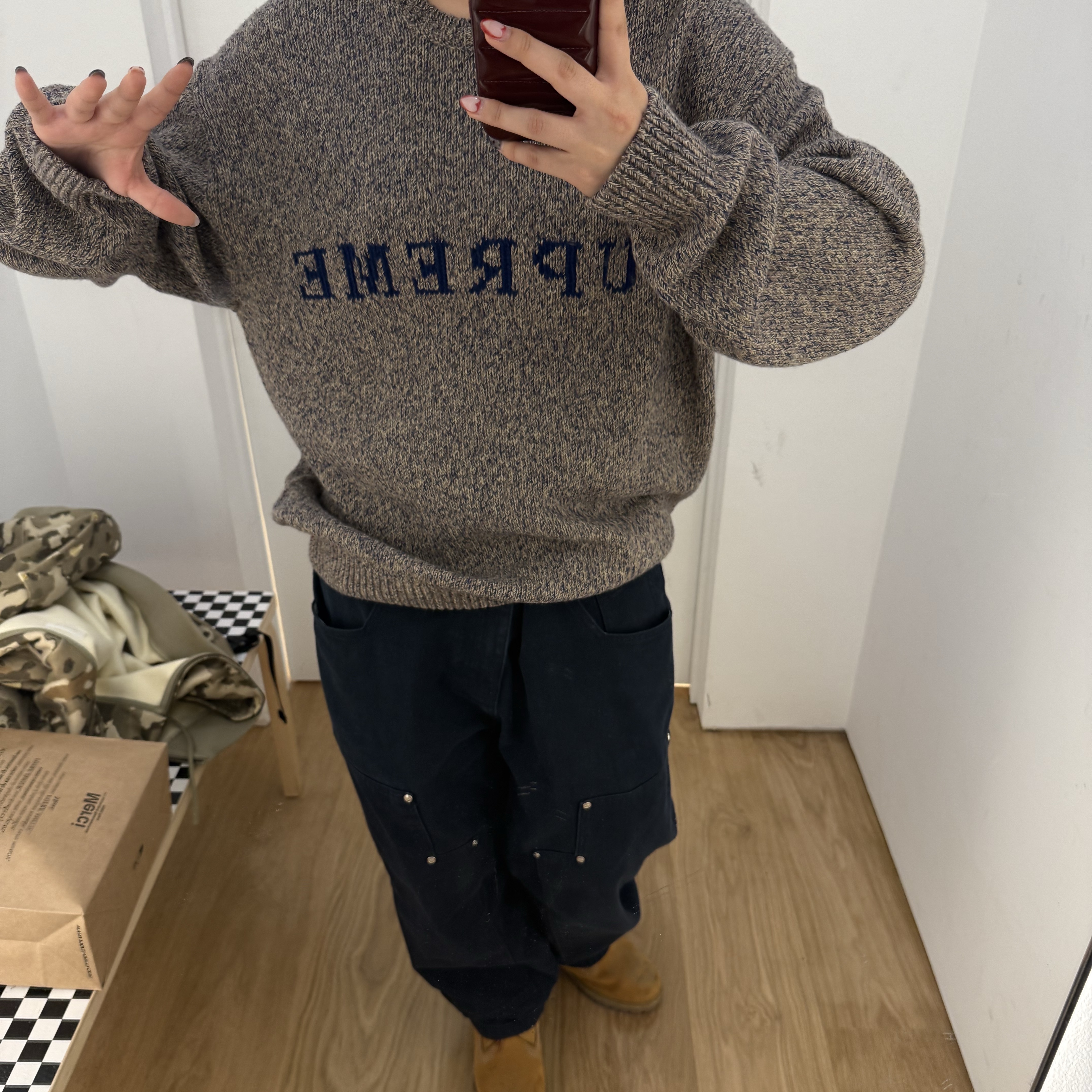 Timberland Premium 6 inch Waterproof Boot Wheat Nubuck - Wide, Supreme Contrast Logo Sweater Taupe Melange - 25SS 착용 스타일