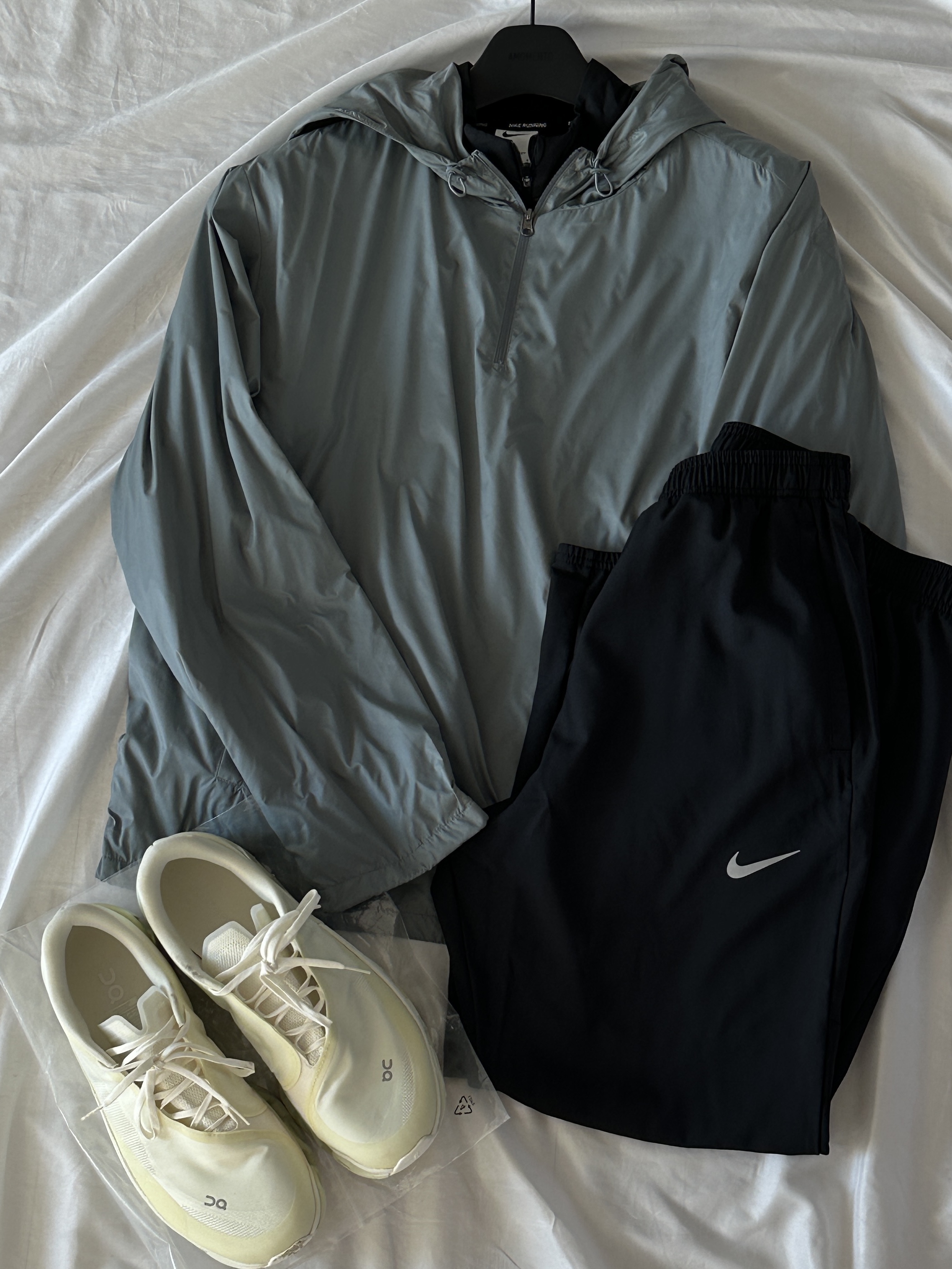 On Running x Post Archive Faction (Paf) Cloudmonster 2 Seedling White, Amomento Glossy Nylon Half Zip Up Jumper Blue Grey - 24FW 착용 스타일