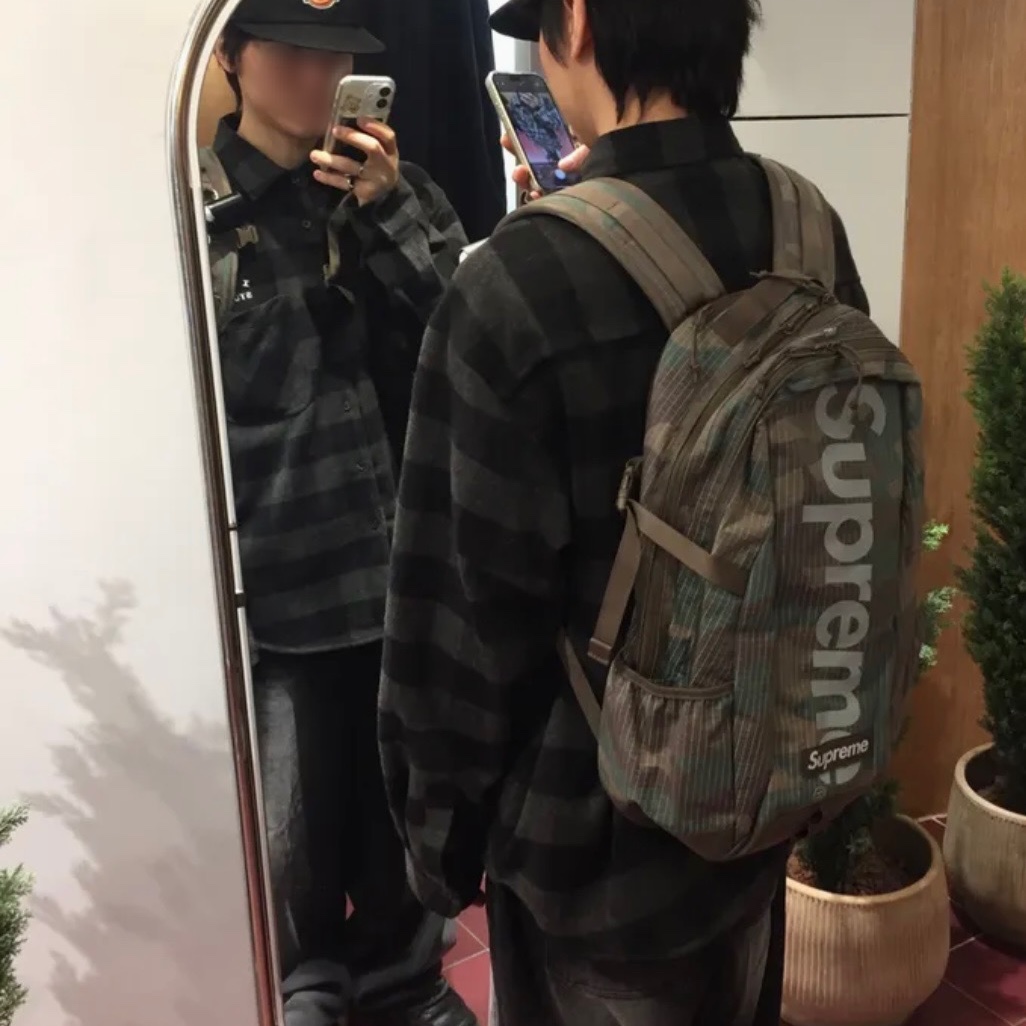 Supreme Backpack Woodland Camo - 24SS, IAB Studio Gingham Check Shirt Black White 착용 스타일