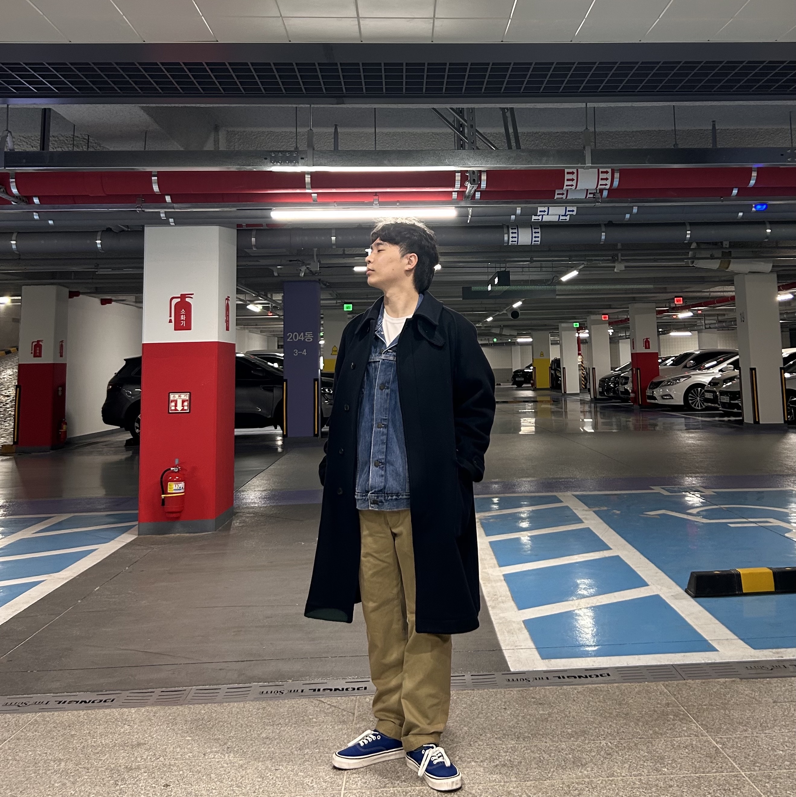 Kaptain Sunshine Traveller Coat Top Navy, Vans Vault OG Authentic LX Navy 착용 스타일