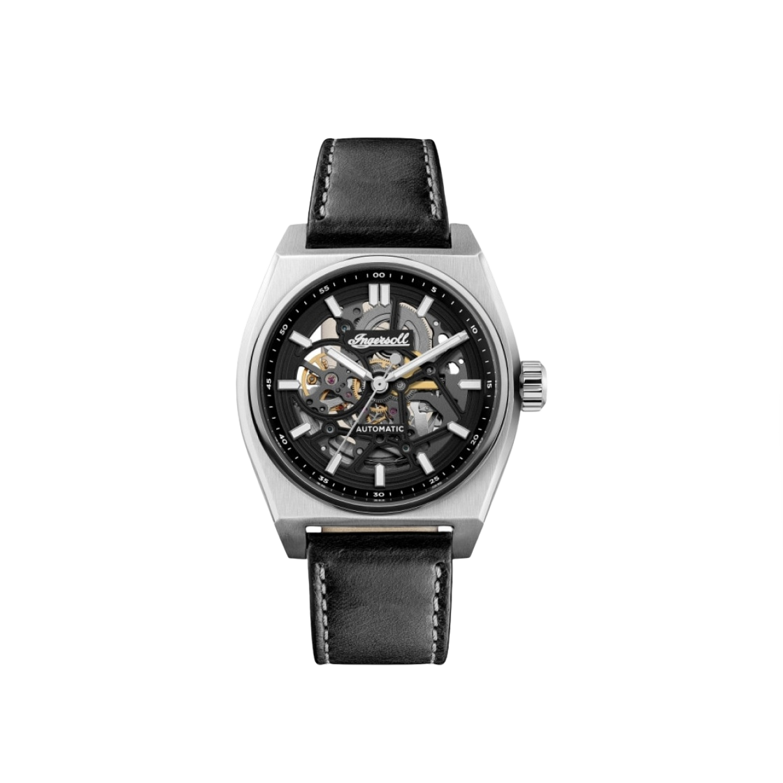 잉거솔 버트 43mm I14301 오토매틱 스테인리스 스틸 레더 실버 블랙 블랙 다이얼(Ingersoll Vert 43mm I14301 Automatic Stainless Steel Leather Silver Black Black Dial)