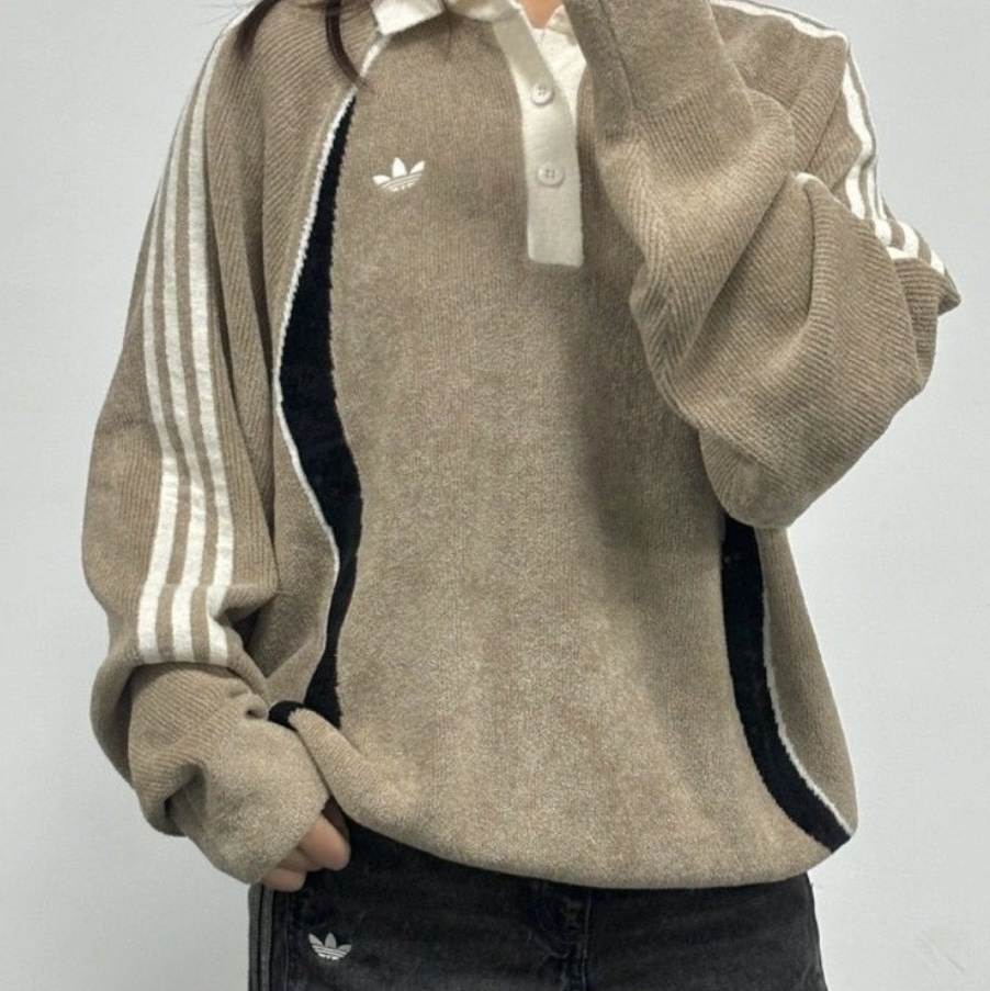 Adidas Originals Retro Remix Polo Sweatshirt Trace Khaki Brown - KR Sizing 착용 스타일 - 1
