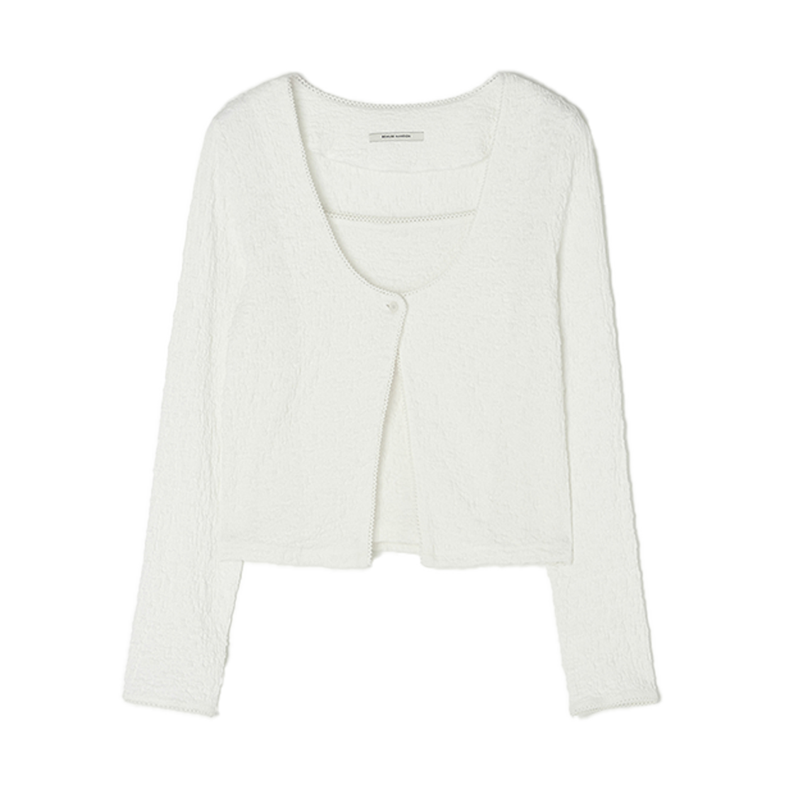비뮤즈맨션 U넥 립 레이어드 티셔츠 세트 오프 화이트(BEMUSE MANSION U-neck crinkle cardigan set Off white)