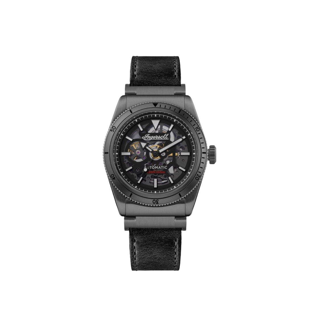 I13902 Ingersoll Scovill Skeleton 43mm I13902 Automatic Stainless Steel Leather IP Gun Black Black Dial