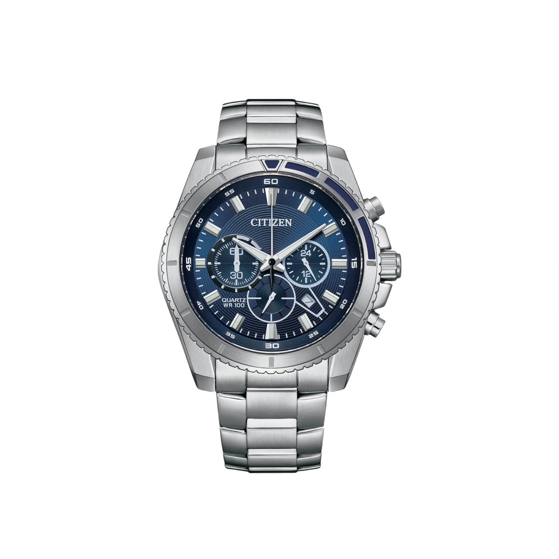 시티즌 크로노그래프 쿼츠 46.4mm 스테인리스 스틸 블루 실버(Citizen Chronograph Quartz 46.4mm Stainless Steel Blue Silver)