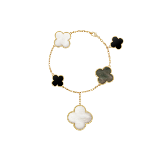(W) Van Cleef & Arpels Magic Alhambra Bracelet 5 Motifs Yellow Gold Mother of Pearl Onyx