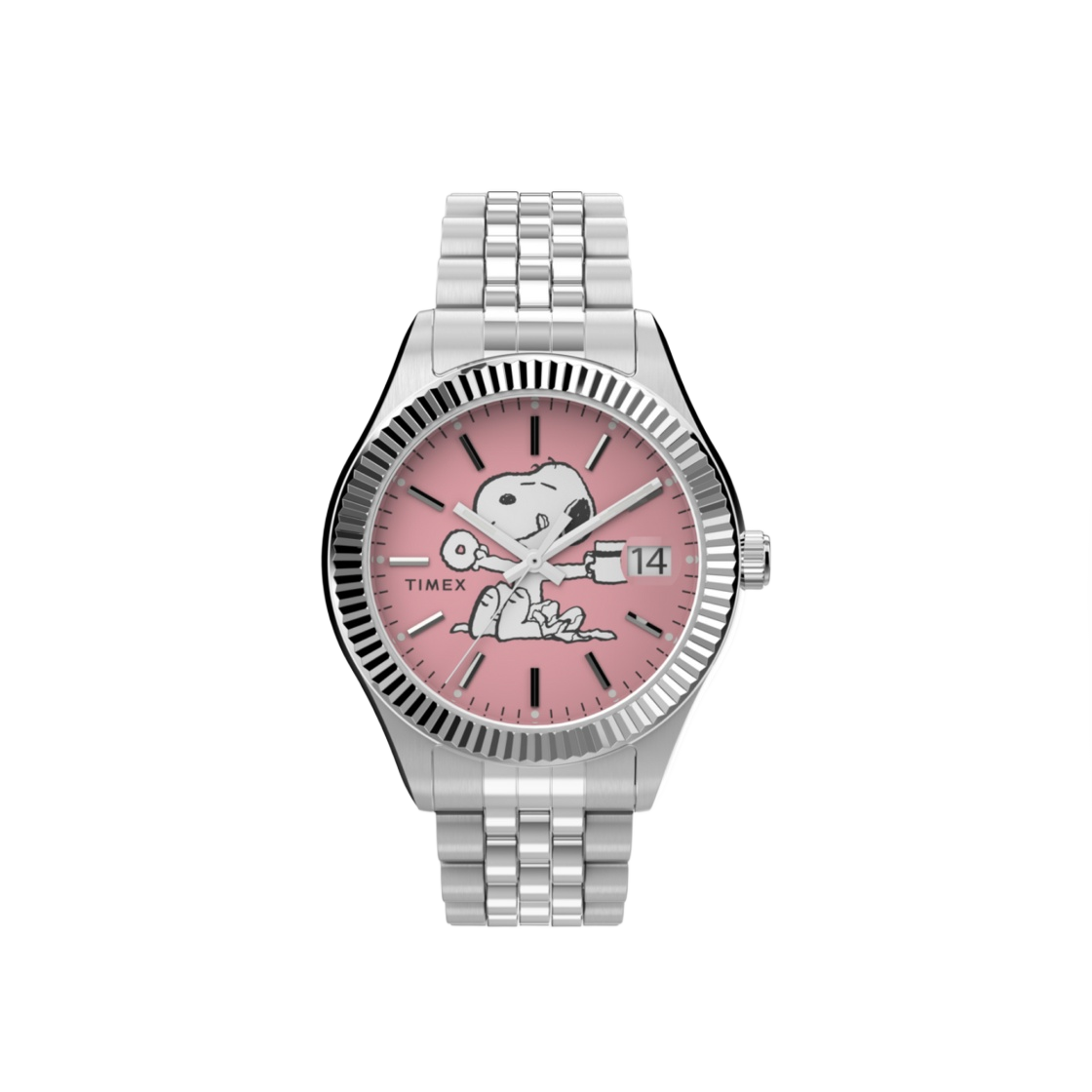 TW2V47400 Timex Legacy x Peanuts 34mm Stainless Steel Bracelet Watch Silver Tone Pink
