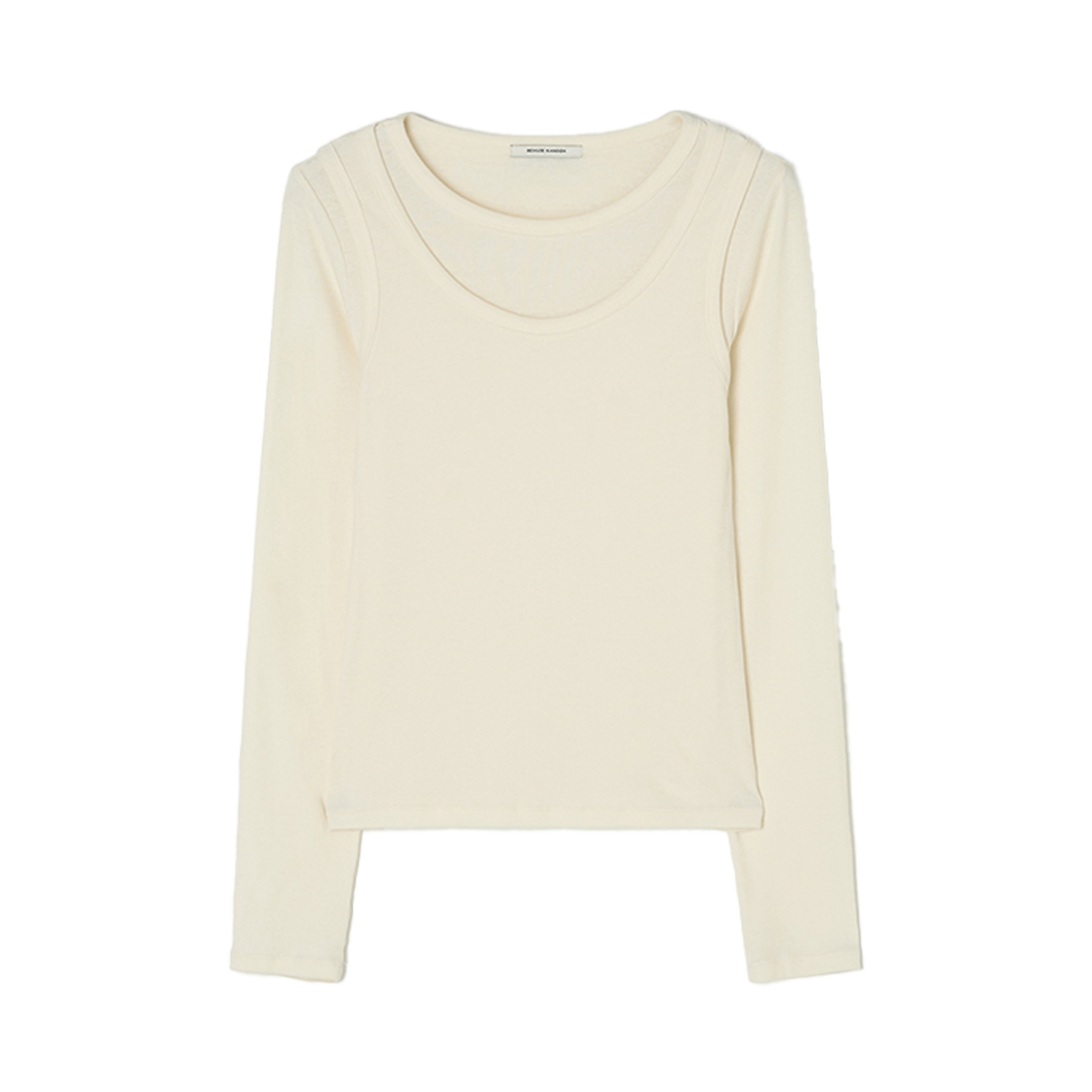 비뮤즈맨션 U넥 립 레이어드 티셔츠 세트 아이보리(BEMUSE MANSION U-neck ribbed layered t shirt set Ivory)