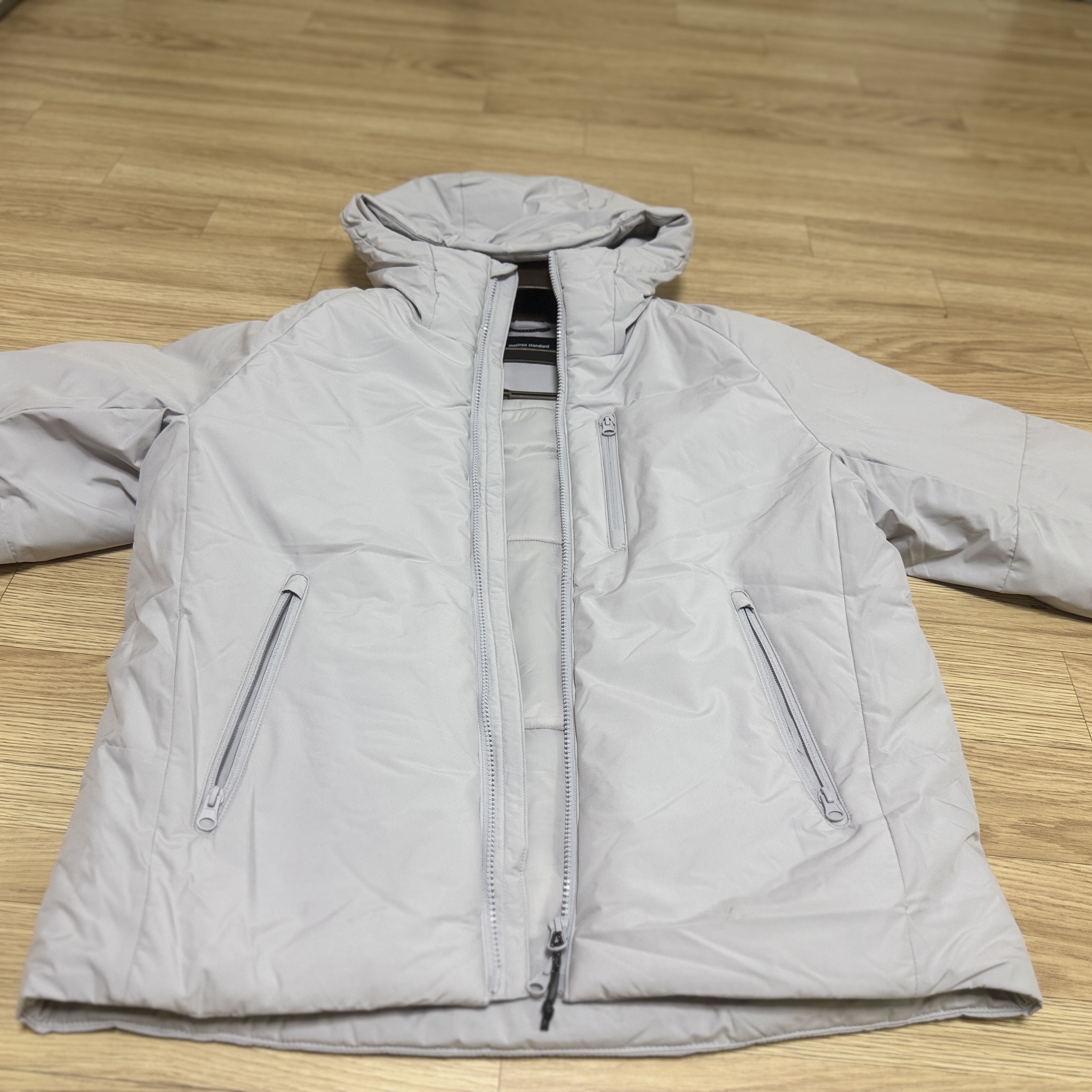 Musinsa Standard City Leisure Hooded Light Down Jacket Cloudy Blue 착용 스타일