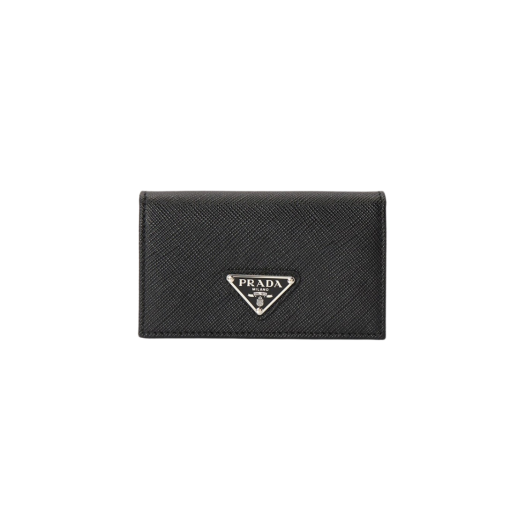 Prada Saffiano Leather Triangle Logo Card Holder Black Silver