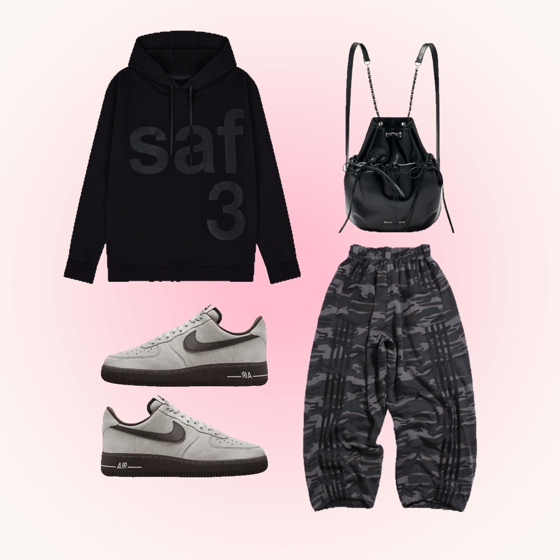 [KREAM 단독] Safarispot Basic Safari Hoodie Black, BP2DISORDER Two-Tuck Wide Pants Camo 착용 스타일