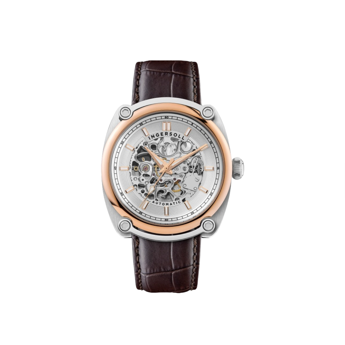 I13302 Ingersoll Michigan Skeleton 45mm I13302 Automatic Stainless Steel Leather Rose Gold Silver White Brown Dial