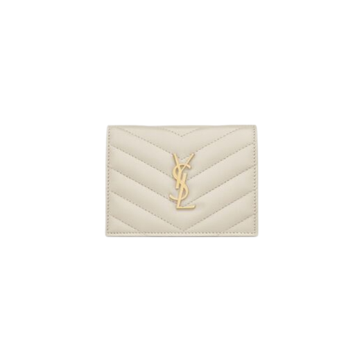 Saint Laurent Cassandre Matelasse Flap Card Case in Quilted Lambskin Blanc Vintage