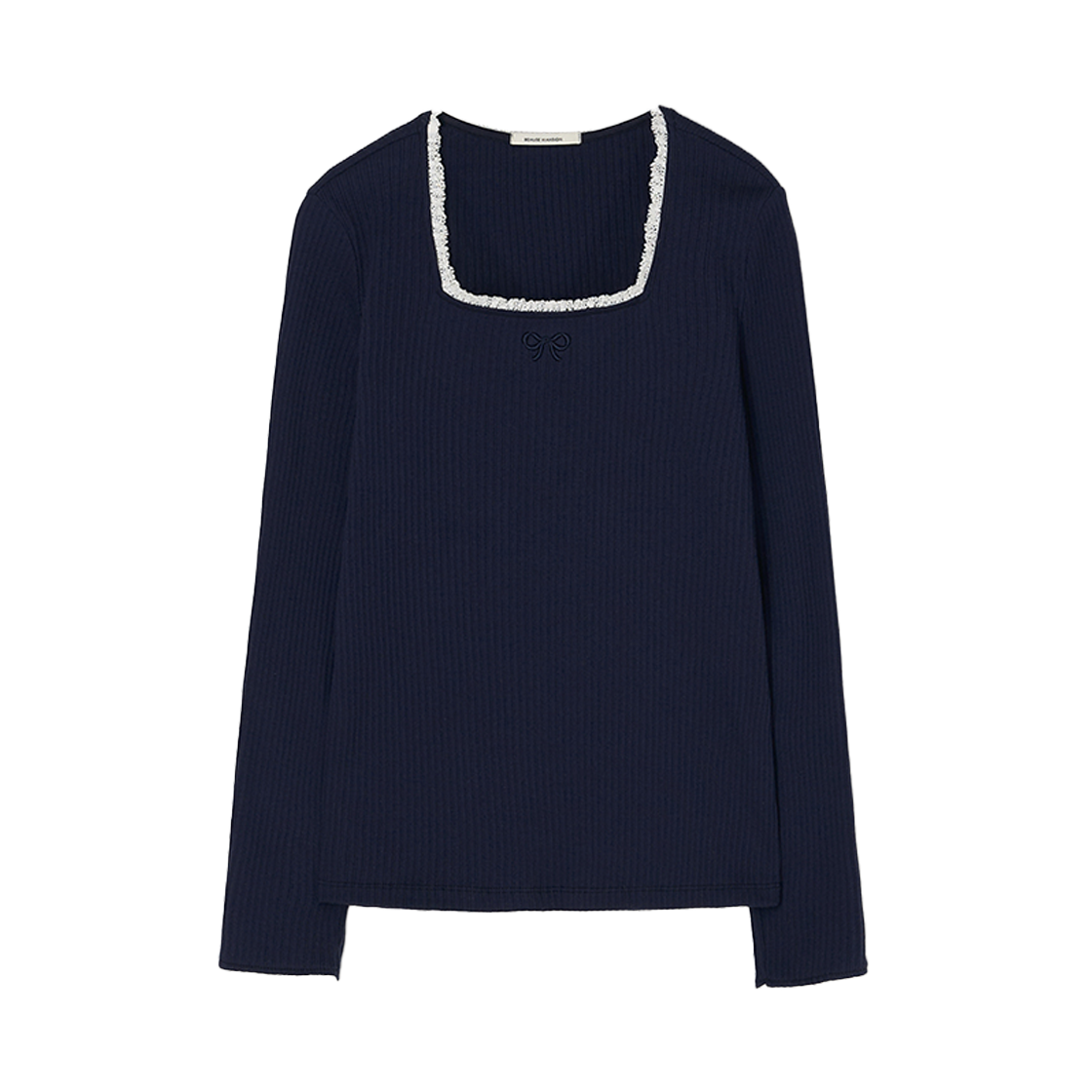 비뮤즈맨션 리본 포인트 스퀘어 넥 탑 블루 네이비(BEMUSE MANSION Ribbon point square neck top Blue Navy)