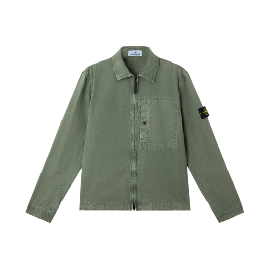 Stone Island 1200032 Brushed Organic Cotton Canvas Old Effect Overshirt with Chest Pocket and Two-Way Zipper Musk Green - 25SS