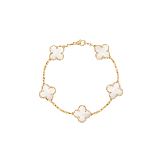 (W) Van Cleef & Arpels Vintage Alhambra Bracelet 5 Motifs Yellow Gold Mother of Pearl
