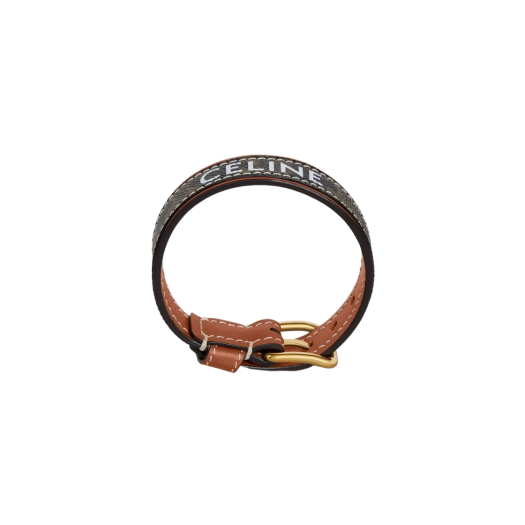 (W) Celine Triomphe Canvas Leather Bracelet in Brass with Gold Finish Gold Tan