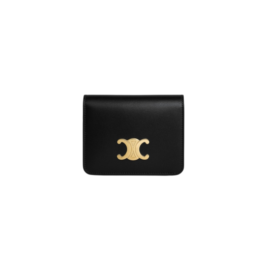 Celine Triomphe Compact Wallet in Shiny Calfskin Black