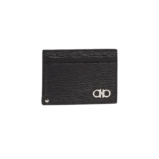 66A061-685914 Ferragamo Gancini Card Holder with Pull Out ID Window Black