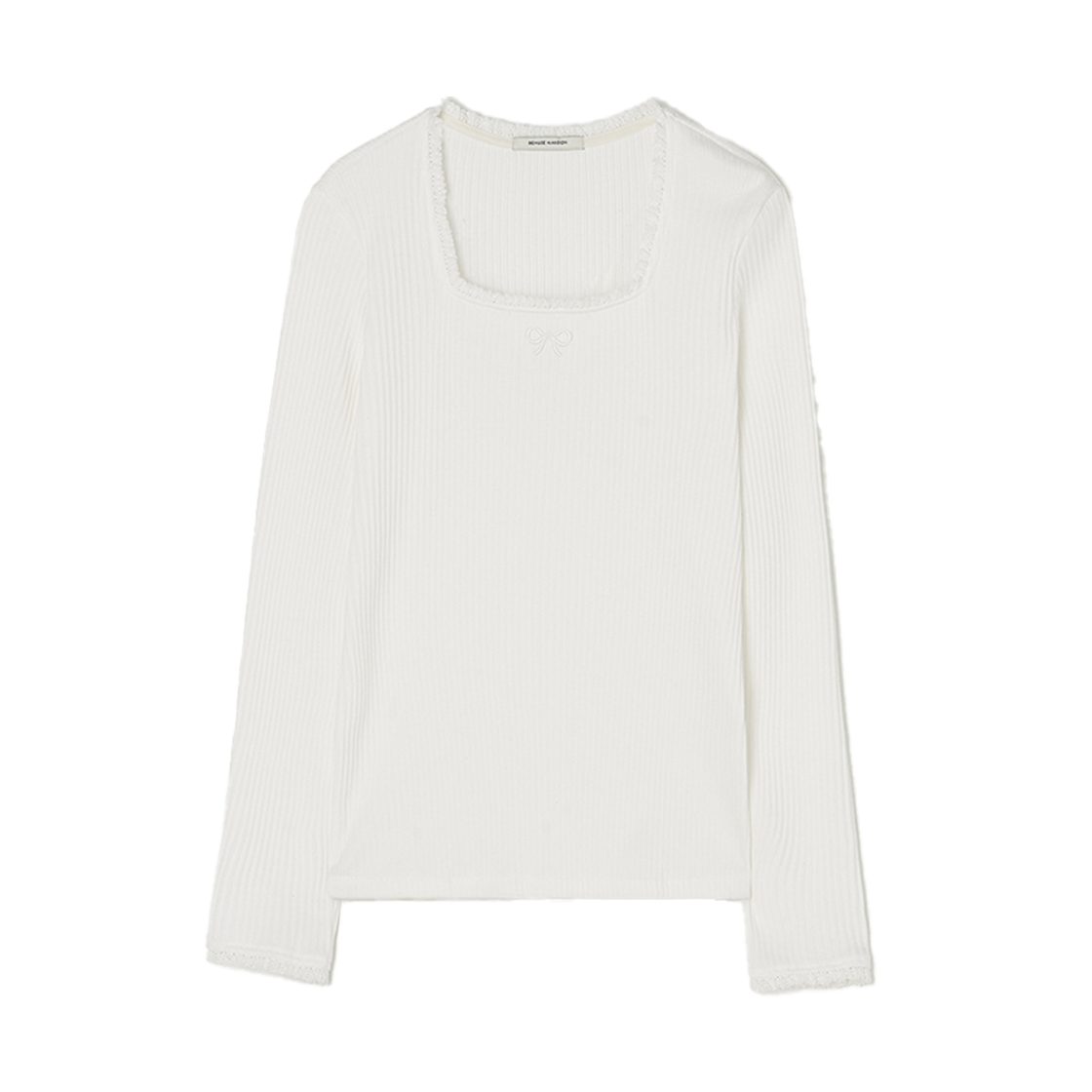 비뮤즈맨션 리본 포인트 스퀘어 넥 탑 블루 오프 화이트(BEMUSE MANSION Ribbon point square neck top Off white)