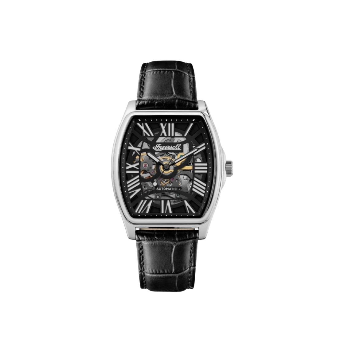잉거솔 캘리포니아 스켈레톤 39mm I14202 스테인리스 스틸 레더 실버 블랙 블랙 다이얼(Ingersoll California Skeleton 39mm I14202 Stainless Steel Leather Silver Black Black Dial)