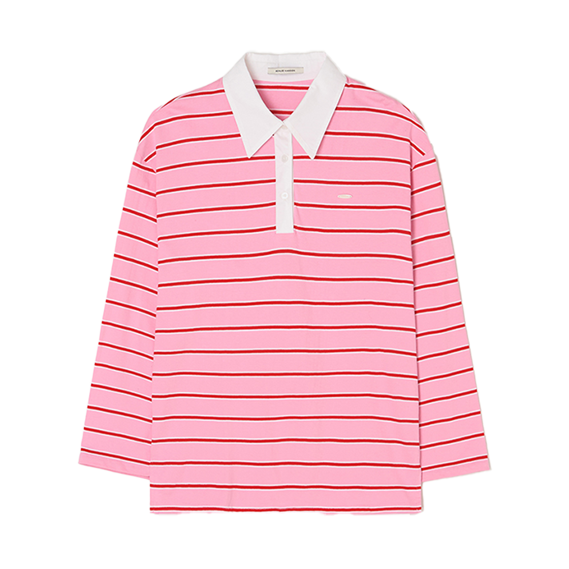 비뮤즈맨션 스트라이프 칼라 티 셔츠 핑크(BEMUSE MANSION Stripe collar t shirt Pink)
