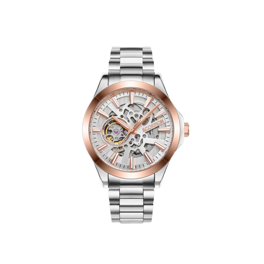 스콜피온 42mm 스켈레톤 오토매틱 메탈 워치 화이트 로즈 골드(Scorpion 42mm Skeleton Automatic Metal Watch White Rose Gold)