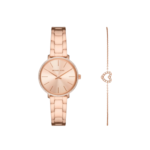 (W) Michael Kors Mini Pyper Pave Quartz Two-Hand 32mm Stainless Steel Watch Bracelet Stud Earrings Set Rose Gold