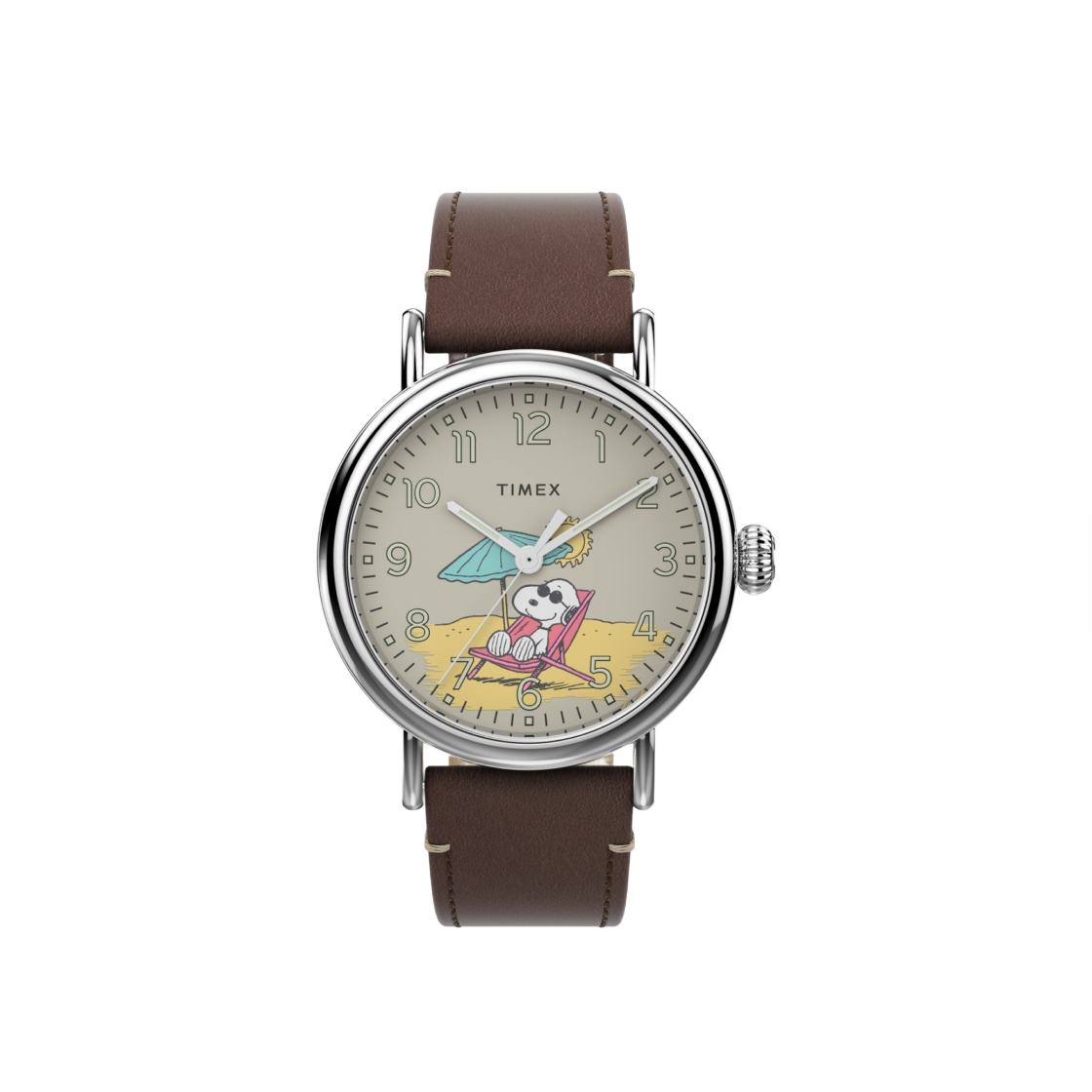타이맥스 스탠다드 x 피너츠 스누피 비치 40mm 레더 스트랩 와치 브라운 실버톤(Timex Standard x Peanuts Featuring Snoopy at the Beach 40mm Leather Strap Watch Brown Silver Tone)