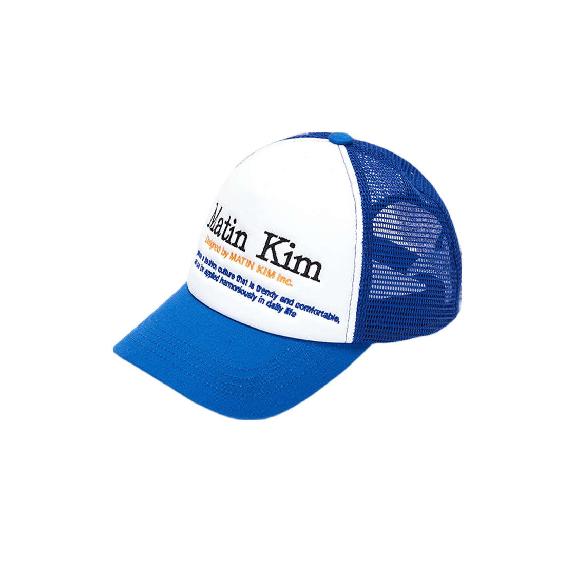 Matin Kim ブラウンキャップ 青色テキストプリント ☆MATIN KIM☆送料込☆韓国☆人気☆正規品☆LETTERING BALL CAP (Matin