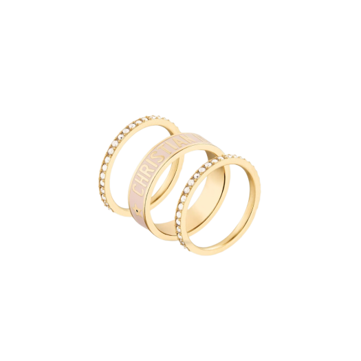 (W) Dior Code Ring Set Gold Finish Metal White Crystals Sand Pink Lacquer