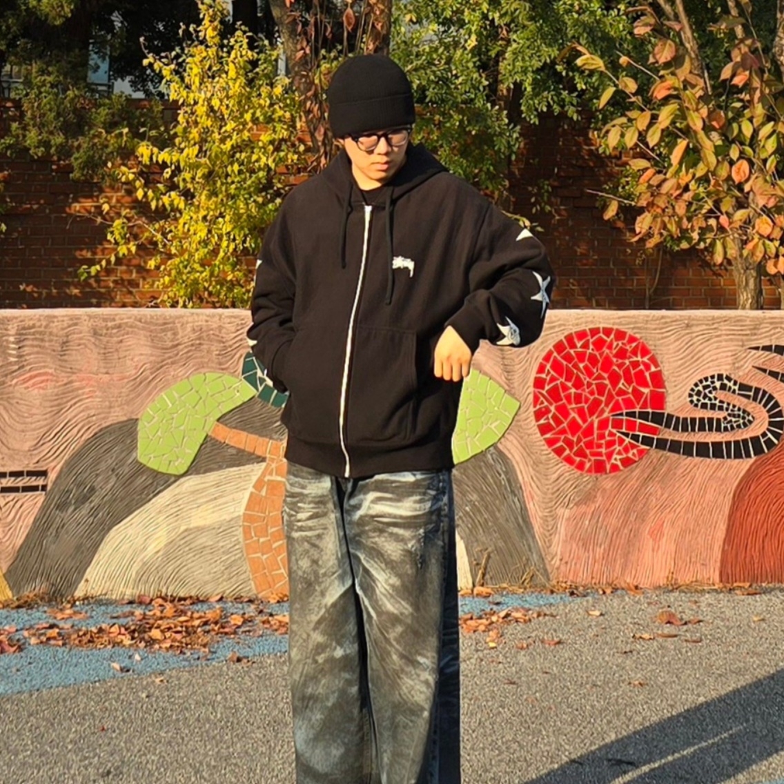 Stussy Stars Zip Hoodie Black 착용 스타일