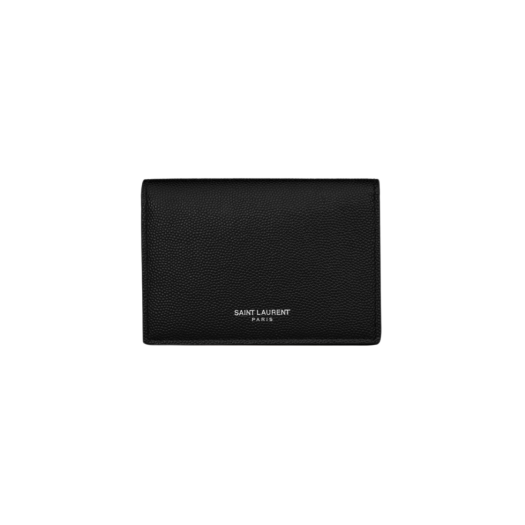 Saint Laurent Business Card Holder with Flap in Grain De Poudre Embossed Leather Black