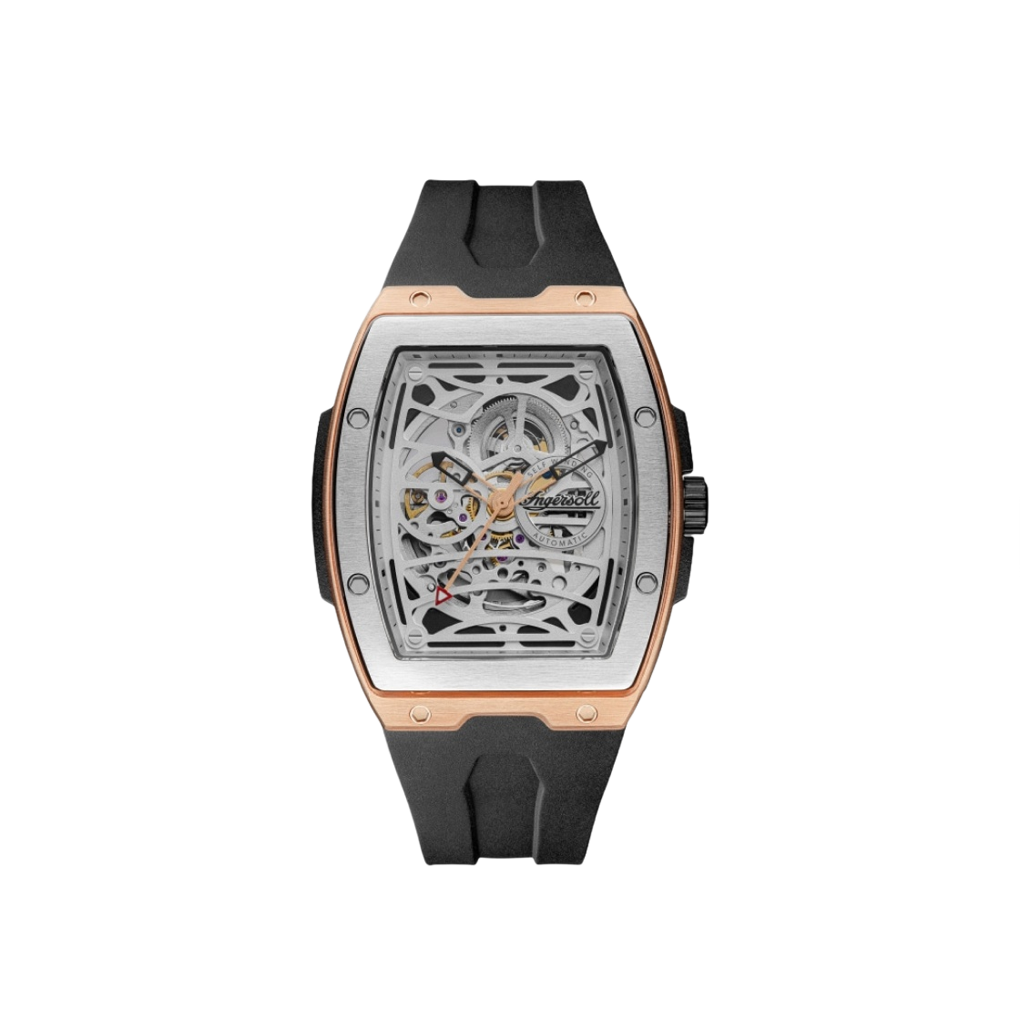 잉거솔 챌린저 스켈레톤 44.6mm I12302 스테인리스 스틸 PU 러버 실버 로즈 골드 실버 블랙 다이얼(Ingersoll Challenger Skeleton 44.6mm I12302 Stainless Steel PU Rubber Silver Rose Gold Silver Black Dial)