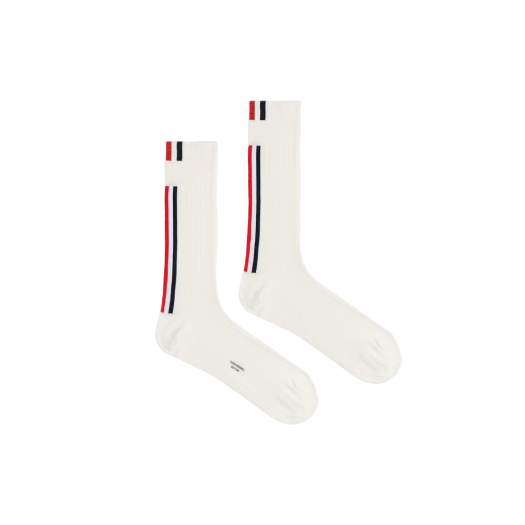 (W) Thom Browne Rib Stitch Merino Stripe Mid Calf Socks White