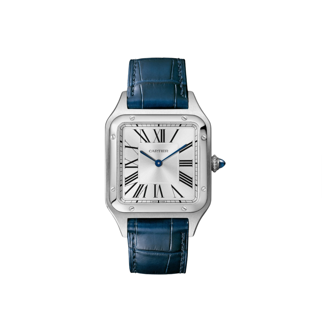 까르띠에 산토스 뒤몽 워치 라지 쿼츠 스틸 엘리게이터 레더 네이비 블루(Cartier Santos Dumont Watch Large Quartz Steel Alligator Leather Navy Blue)