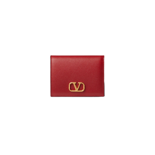 Valentino Compact Vlogo Signature Grainy Calfskin Wallet Rosso Valentino