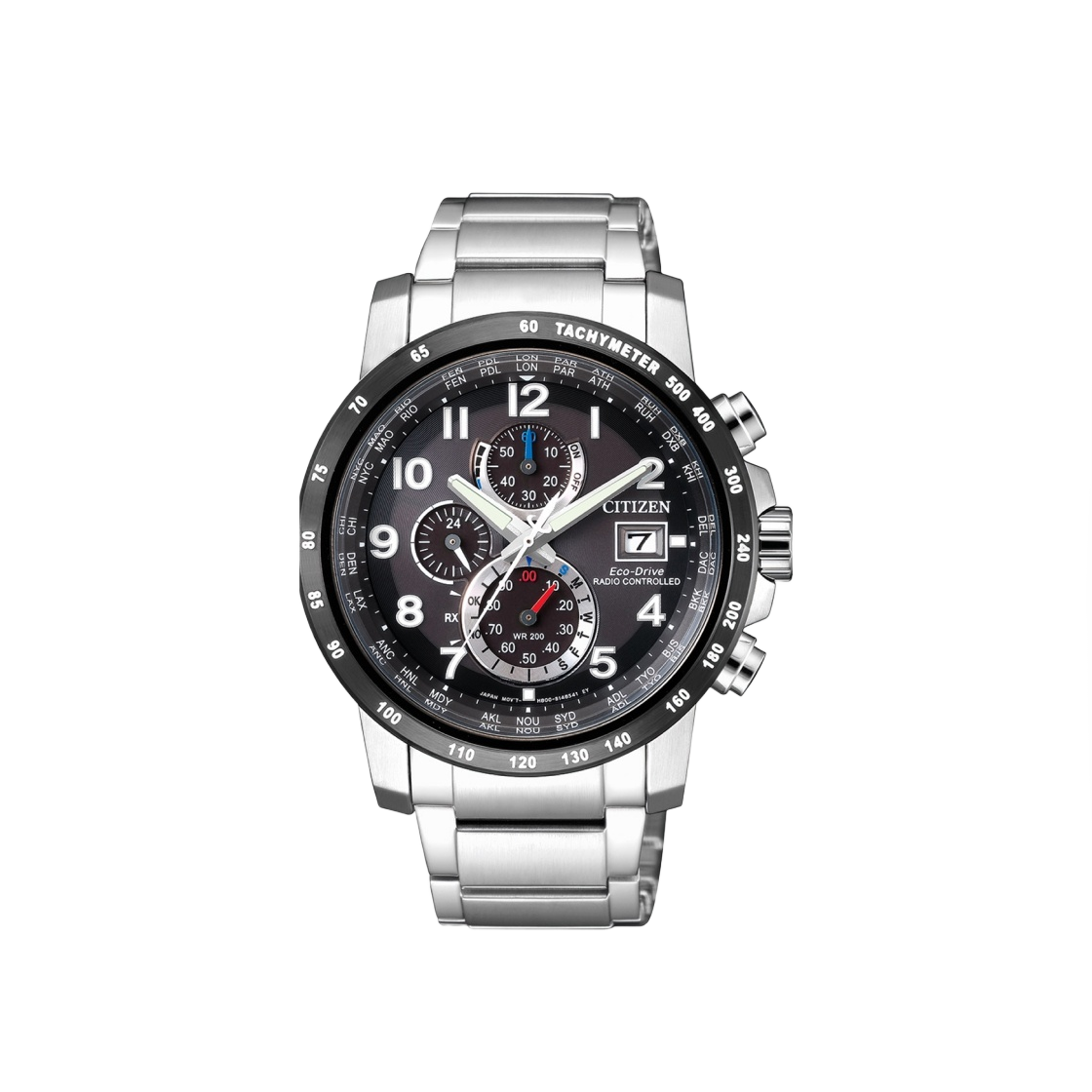 AT8124-83E Citizen Global Radio Controlled Chronograph Eco-Drive 43.1mm Stainless Steel Black Silver