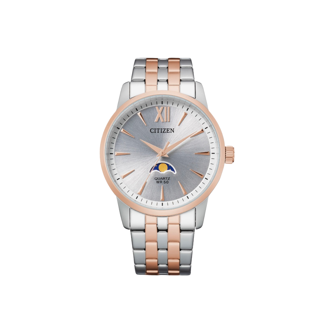 AK5006-58A Citizen Dress Quartz Moonphase 42mm Stainless Steel Silver Pink Gold Steel