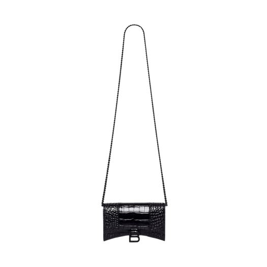 Balenciaga Hourglass Wallet On Chain Crocodile Embossed with Rhinestones Black