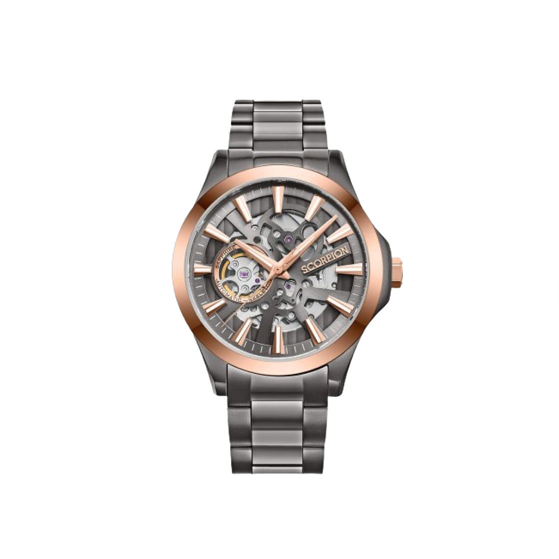 스콜피온 42mm 스켈레톤 오토매틱 메탈 워치 그레이 로즈 골드(Scorpion 42mm Skeleton Automatic Metal Watch Grey Rose Gold)