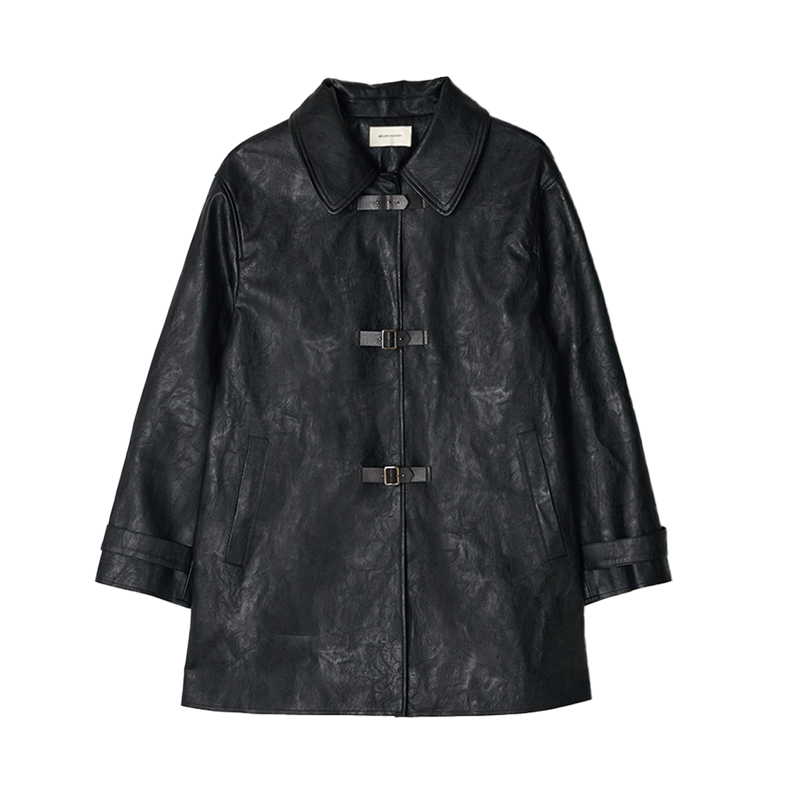 비뮤즈맨션 벨트 포인트 비건 레더 자켓 블랙(BEMUSE MANSION Belt point vegan leather jacket Black)