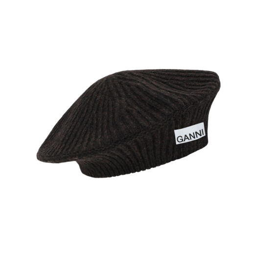 (W) Ganni Wool Beret Black Melange