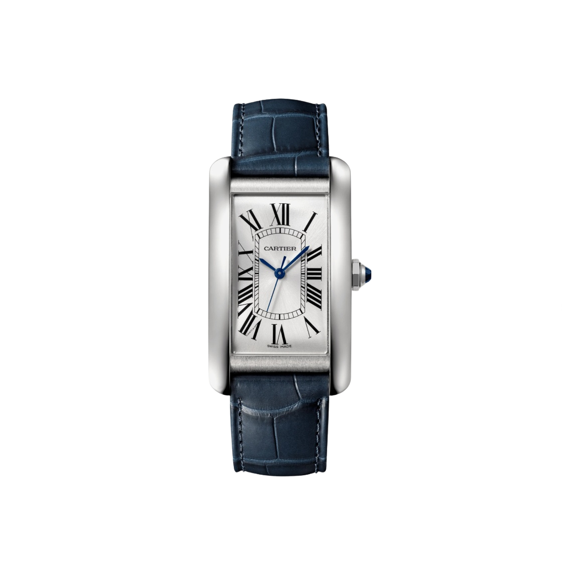까르띠에 탱크 아메리칸 워치 라지 쿼츠 스틸 세미 매트 엘리게이터 스킨 네이비 블루