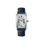 Cartier Tank Americaine Watch Large Quartz Steel Semi Matte Alligator Skin Navy Blue