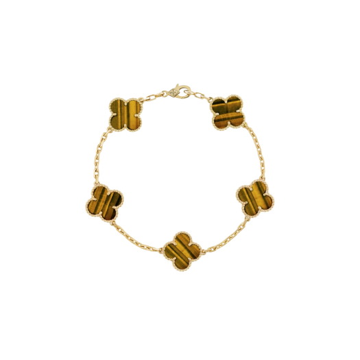 (W) Van Cleef & Arpels Vintage Alhambra Bracelet 5 Motifs Yellow Gold Tiger Eye
